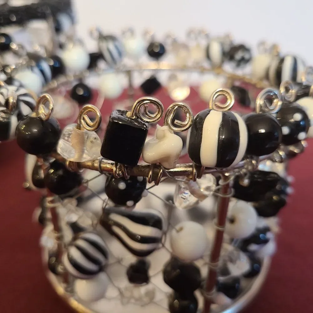 Black and White Metal Wire and Glass Beaded Bowls Baskets Made In India